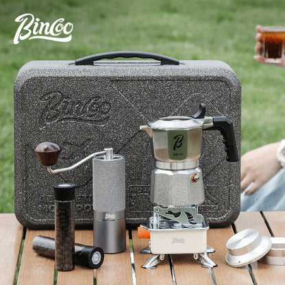 BINCOO 316 Stainless Steel Three-Valve Moka Pot Coffee Brewing Set Complete Kit with Coffee Grinder & Portable Storage Case 2