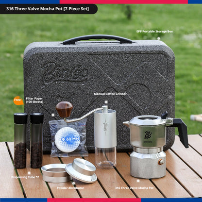 BINCOO 316 Stainless Steel Three-Valve Moka Pot Coffee Brewing Set Complete Kit with Coffee Grinder & Portable Storage Case 2