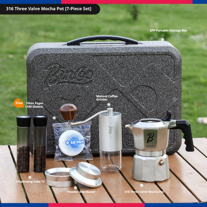 BINCOO 316 Stainless Steel Three-Valve Moka Pot Coffee Brewing Set Complete Kit with Coffee Grinder & Portable Storage Case 2