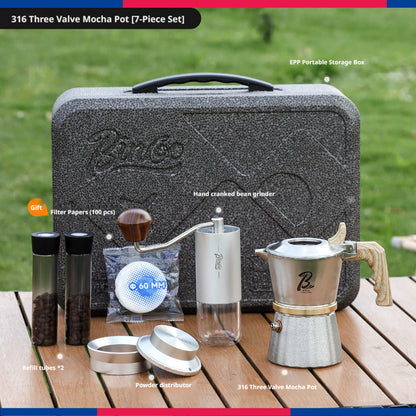 BINCOO 316 Stainless Steel Three-Valve Moka Pot Coffee Brewing Set Complete Kit with Coffee Grinder & Portable Storage Case 2