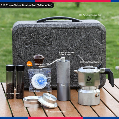 BINCOO 316 Stainless Steel Three-Valve Moka Pot Coffee Brewing Set Complete Kit with Coffee Grinder & Portable Storage Case 2