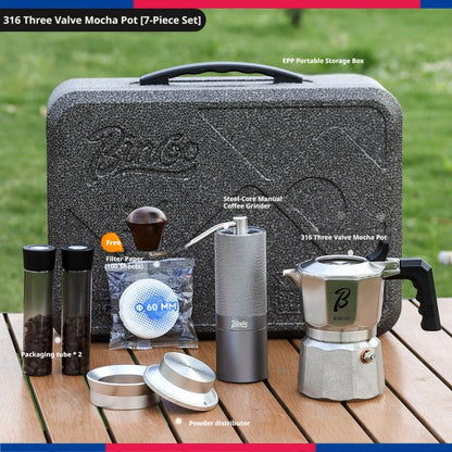 BINCOO 316 Stainless Steel Three-Valve Moka Pot Coffee Brewing Set Complete Kit with Coffee Grinder & Portable Storage Case 2