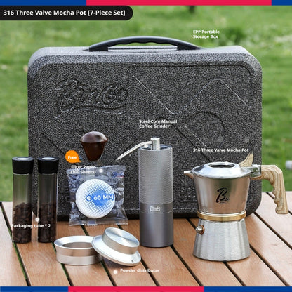 BINCOO 316 Stainless Steel Three-Valve Moka Pot Coffee Brewing Set Complete Kit with Coffee Grinder & Portable Storage Case 2