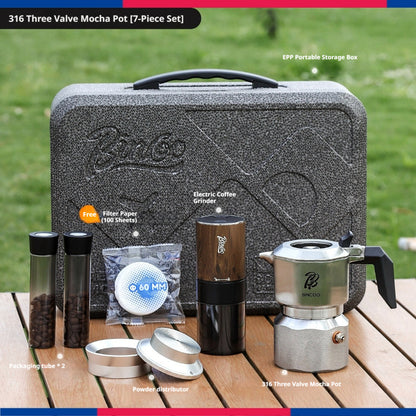 BINCOO 316 Stainless Steel Three-Valve Moka Pot Coffee Brewing Set Complete Kit with Coffee Grinder & Portable Storage Case 2