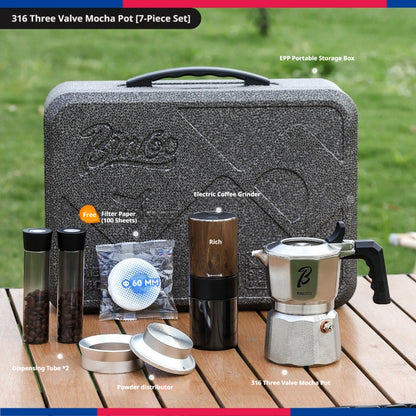 BINCOO 316 Stainless Steel Three-Valve Moka Pot Coffee Brewing Set Complete Kit with Coffee Grinder & Portable Storage Case 2