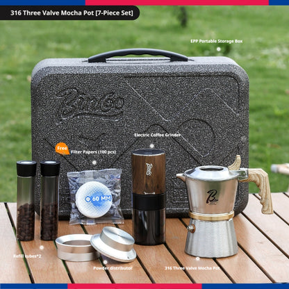 BINCOO 316 Stainless Steel Three-Valve Moka Pot Coffee Brewing Set Complete Kit with Coffee Grinder & Portable Storage Case 2