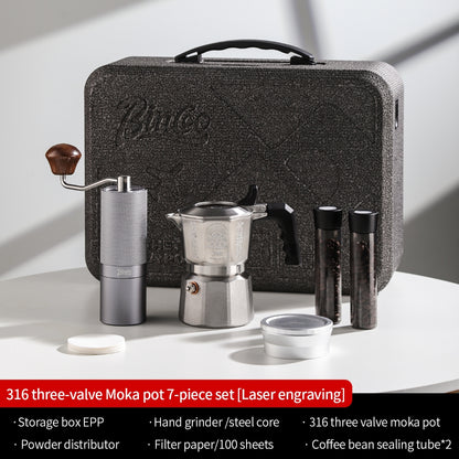 BINCOO 316 Stainless Steel Three-Valve Moka Pot Coffee Brewing Set Complete Kit with Coffee Grinder & Portable Storage Case 2