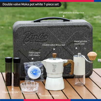 BINCOO 316 Stainless Steel Three-Valve Moka Pot Coffee Brewing Set Complete Kit with Coffee Grinder & Portable Storage Case 2