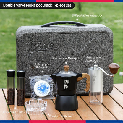 BINCOO 316 Stainless Steel Three-Valve Moka Pot Coffee Brewing Set Complete Kit with Coffee Grinder & Portable Storage Case 2