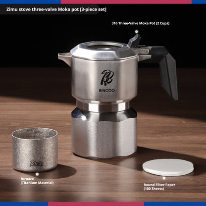 BINCOO 3-Valve Stainless Steel Moka Pot Set with Pure Titanium Stove Accessories & Coffee Grinder Home Coffee Maker Kit for 2 Cups