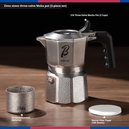 BINCOO 3-Valve Stainless Steel Moka Pot Set with Pure Titanium Stove Accessories & Coffee Grinder Home Coffee Maker Kit for 2 Cups