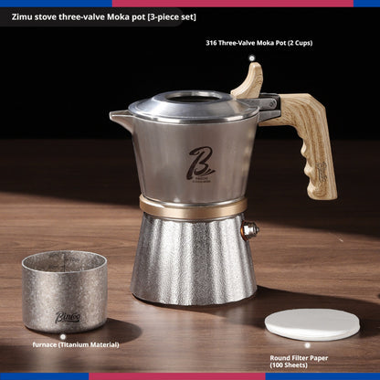 BINCOO 3-Valve Stainless Steel Moka Pot Set with Pure Titanium Stove Accessories & Coffee Grinder Home Coffee Maker Kit for 2 Cups
