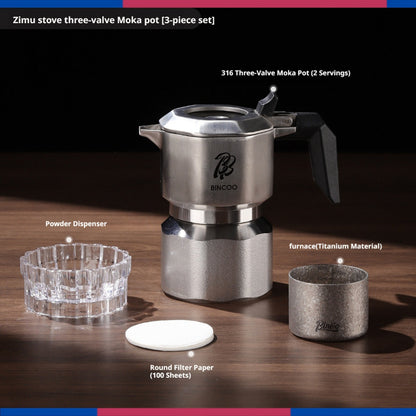 BINCOO 3-Valve Stainless Steel Moka Pot Set with Pure Titanium Stove Accessories & Coffee Grinder Home Coffee Maker Kit for 2 Cups