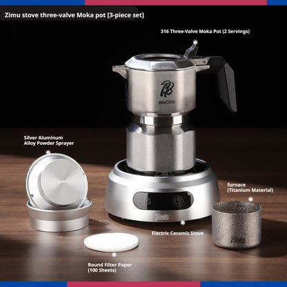 BINCOO 3-Valve Stainless Steel Moka Pot Set with Pure Titanium Stove Accessories & Coffee Grinder Home Coffee Maker Kit for 2 Cups