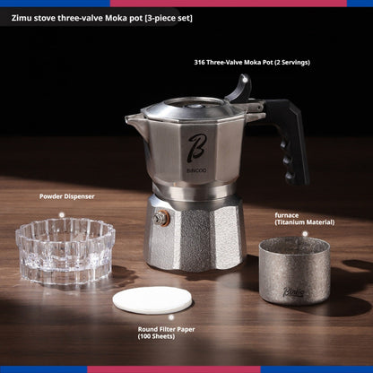 BINCOO 3-Valve Stainless Steel Moka Pot Set with Pure Titanium Stove Accessories & Coffee Grinder Home Coffee Maker Kit for 2 Cups
