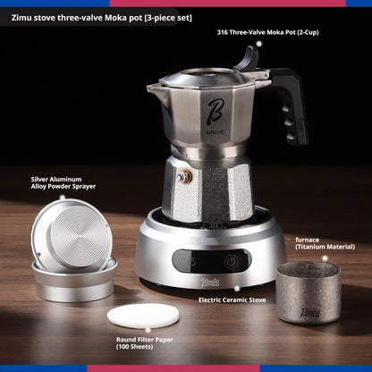 BINCOO 3-Valve Stainless Steel Moka Pot Set with Pure Titanium Stove Accessories & Coffee Grinder Home Coffee Maker Kit for 2 Cups