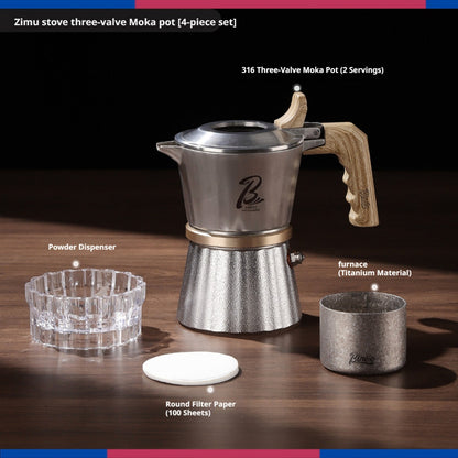 BINCOO 3-Valve Stainless Steel Moka Pot Set with Pure Titanium Stove Accessories & Coffee Grinder Home Coffee Maker Kit for 2 Cups