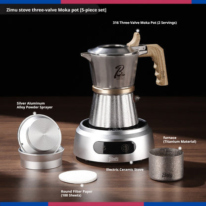 BINCOO 3-Valve Stainless Steel Moka Pot Set with Pure Titanium Stove Accessories & Coffee Grinder Home Coffee Maker Kit for 2 Cups
