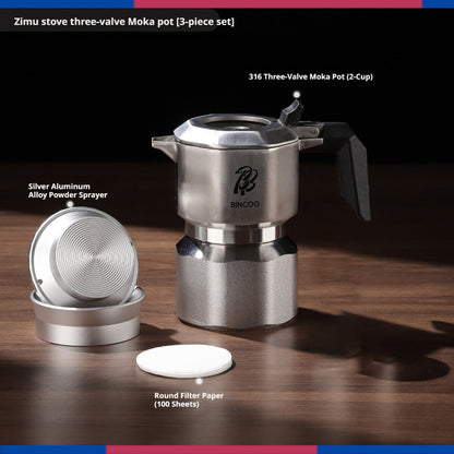 BINCOO 3-Valve Stainless Steel Moka Pot Set with Pure Titanium Stove Accessories & Coffee Grinder Home Coffee Maker Kit for 2 Cups