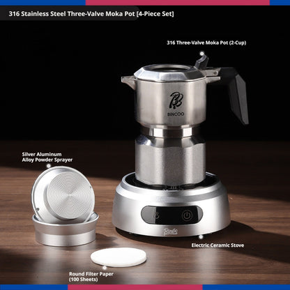 BINCOO 3-Valve Stainless Steel Moka Pot Set with Pure Titanium Stove Accessories & Coffee Grinder Home Coffee Maker Kit for 2 Cups