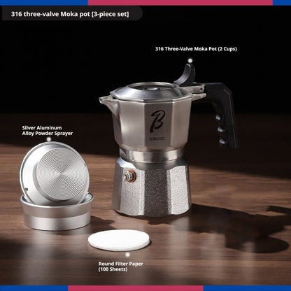 BINCOO 3-Valve Stainless Steel Moka Pot Set with Pure Titanium Stove Accessories & Coffee Grinder Home Coffee Maker Kit for 2 Cups