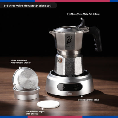 BINCOO 3-Valve Stainless Steel Moka Pot Set with Pure Titanium Stove Accessories & Coffee Grinder Home Coffee Maker Kit for 2 Cups