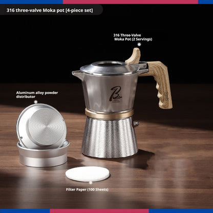 BINCOO 3-Valve Stainless Steel Moka Pot Set with Pure Titanium Stove Accessories & Coffee Grinder Home Coffee Maker Kit for 2 Cups