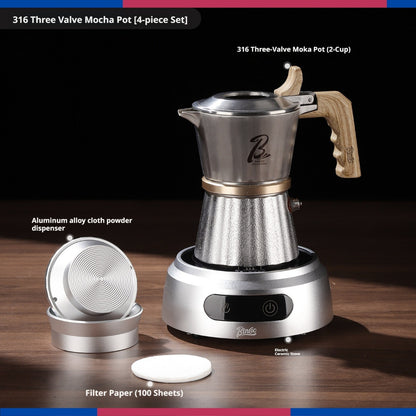 BINCOO 3-Valve Stainless Steel Moka Pot Set with Pure Titanium Stove Accessories & Coffee Grinder Home Coffee Maker Kit for 2 Cups
