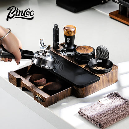 BINCOO Wood Grain Espresso Tamper Station Set Coffee Knock Box Distributor & Tamper Storage Base Kit 51MM / 58MM