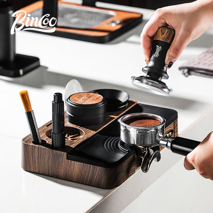 BINCOO Wood Grain Espresso Tamper Station Set Coffee Knock Box Distributor & Tamper Storage Base Kit 51MM / 58MM
