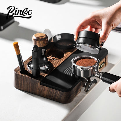 BINCOO Wood Grain Espresso Tamper Station Set Coffee Knock Box Distributor & Tamper Storage Base Kit 51MM / 58MM