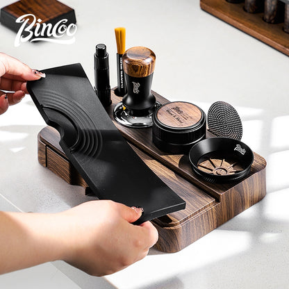 BINCOO Wood Grain Espresso Tamper Station Set Coffee Knock Box Distributor & Tamper Storage Base Kit 51MM / 58MM