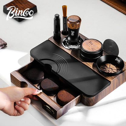 BINCOO Wood Grain Espresso Tamper Station Set Coffee Knock Box Distributor & Tamper Storage Base Kit 51MM / 58MM