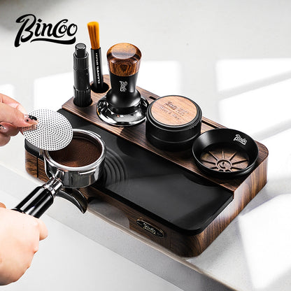 BINCOO Wood Grain Espresso Tamper Station Set Coffee Knock Box Distributor & Tamper Storage Base Kit 51MM / 58MM