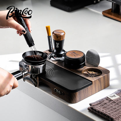 BINCOO Wood Grain Espresso Tamper Station Set Coffee Knock Box Distributor & Tamper Storage Base Kit 51MM / 58MM