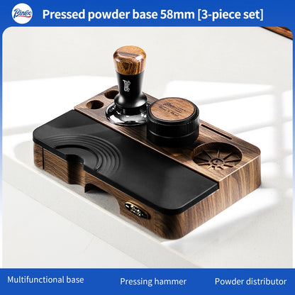 BINCOO Wood Grain Espresso Tamper Station Set Coffee Knock Box Distributor & Tamper Storage Base Kit 51MM / 58MM