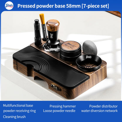 BINCOO Wood Grain Espresso Tamper Station Set Coffee Knock Box Distributor & Tamper Storage Base Kit 51MM / 58MM