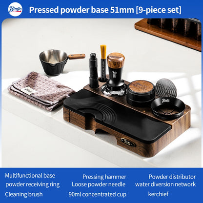 BINCOO Wood Grain Espresso Tamper Station Set Coffee Knock Box Distributor & Tamper Storage Base Kit 51MM / 58MM