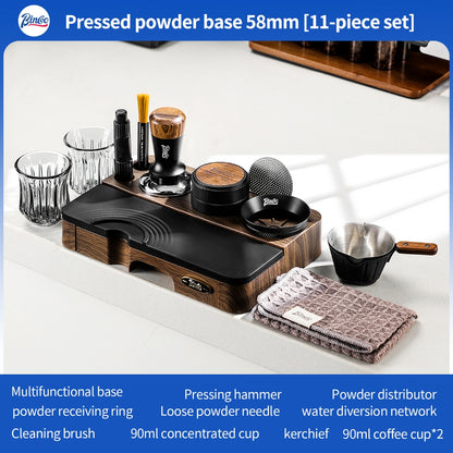 BINCOO Wood Grain Espresso Tamper Station Set Coffee Knock Box Distributor & Tamper Storage Base Kit 51MM / 58MM