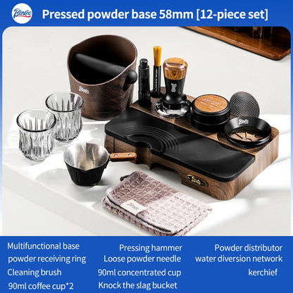 BINCOO Wood Grain Espresso Tamper Station Set Coffee Knock Box Distributor & Tamper Storage Base Kit 51MM / 58MM