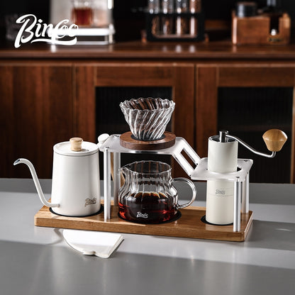 BINCOO Hand Drip Coffee Stand Set Stainless Steel Gooseneck Kettle with Glass Dripper Coffee Grinder Kit Coffee Tools Storage Combo