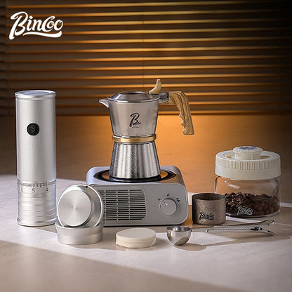 BINCOO Three-Valve 316 Stainless Steel Moka Pot Set with Electric Stove & Coffee Grinder Mini Home Espresso Maker 2Cups