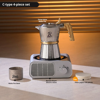 BINCOO Three-Valve 316 Stainless Steel Moka Pot Set with Electric Stove & Coffee Grinder Mini Home Espresso Maker 2Cups