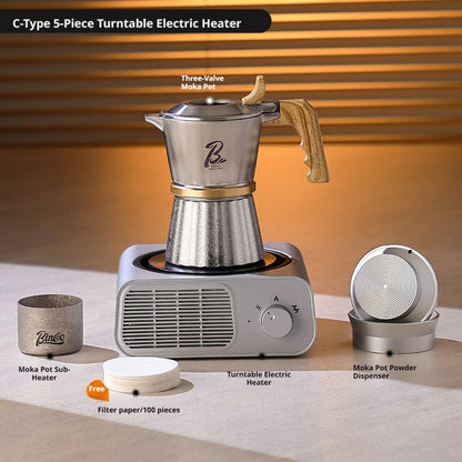 BINCOO Three-Valve 316 Stainless Steel Moka Pot Set with Electric Stove & Coffee Grinder Mini Home Espresso Maker 2Cups