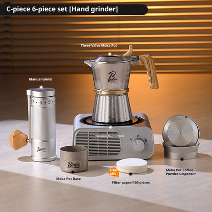 BINCOO Three-Valve 316 Stainless Steel Moka Pot Set with Electric Stove & Coffee Grinder Mini Home Espresso Maker 2Cups