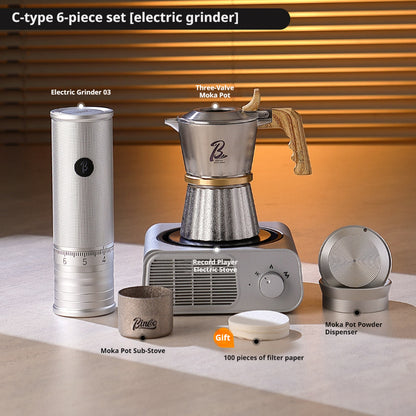BINCOO Three-Valve 316 Stainless Steel Moka Pot Set with Electric Stove & Coffee Grinder Mini Home Espresso Maker 2Cups