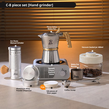 BINCOO Three-Valve 316 Stainless Steel Moka Pot Set with Electric Stove & Coffee Grinder Mini Home Espresso Maker 2Cups