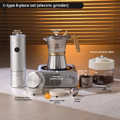 BINCOO Three-Valve 316 Stainless Steel Moka Pot Set with Electric Stove & Coffee Grinder Mini Home Espresso Maker 2Cups