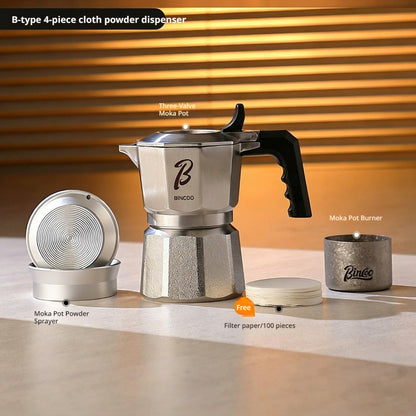 BINCOO Three-Valve 316 Stainless Steel Moka Pot Set with Electric Stove & Coffee Grinder Mini Home Espresso Maker 2Cups