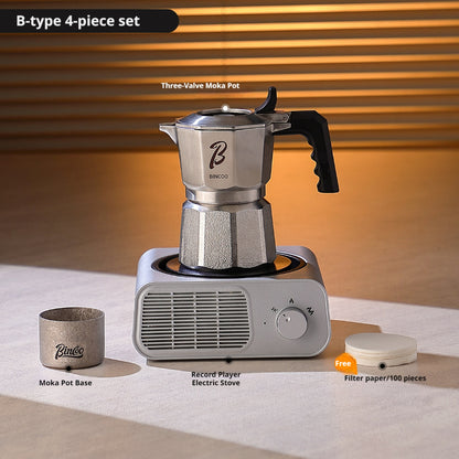 BINCOO Three-Valve 316 Stainless Steel Moka Pot Set with Electric Stove & Coffee Grinder Mini Home Espresso Maker 2Cups